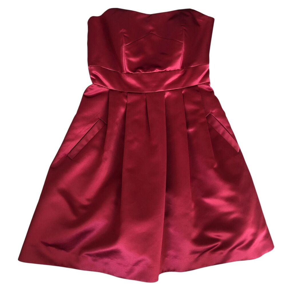 Max and Cleo Burgundy Satin Strapless Cocktail Fit and Flair Mini Dress Sz 6